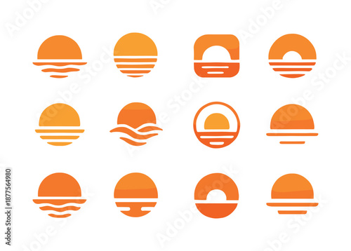 Sunset Logo Variations. Sunset. Icon set. Set Logo of sunset: tranquil evening sun symbol. harmonious logo variations of the same emblematic concept, each with