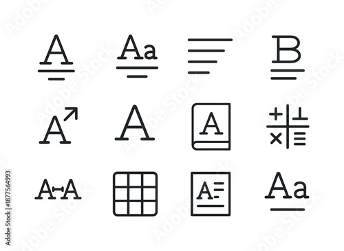 Typography Icon Set. Lettering hierarchy. Line icon set of Lettering hierarchy: title font, subtitle text, body text, bold header, font size scale, emphasis