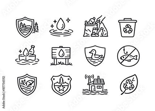 Lake Conservation Icons. Lake Conservation. Line icon set of Lake Conservation: protected lake, clean water drop, trash removal, recycling bin, water quality