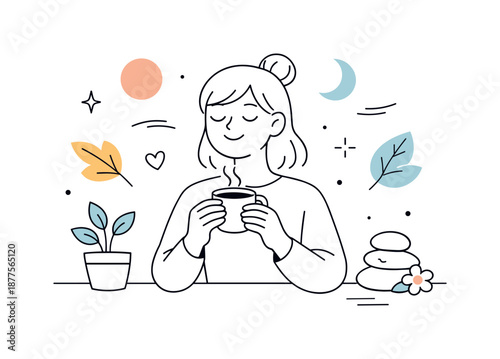 Tranquil Tea Moment. Wellness and self-care themes. A calm editorial scene with a relaxed character holding a cup of tea and breathing deeply, soft plants and