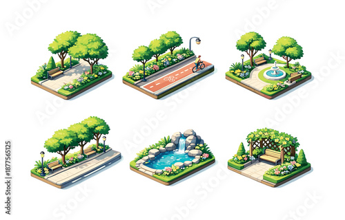 Urban Nature Icons. Walkable Green Spaces. Isometric flat vector icons set of Ideas for Incorporating Nature in Urban Spaces: shaded walkway, bike lane with