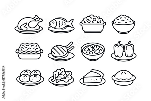 Holiday Feast Icons. Holiday feasts. Line icon set of celebratory main dishes: roasted chicken, baked fish, vegetable casserole, rice pilaf, pasta bake,
