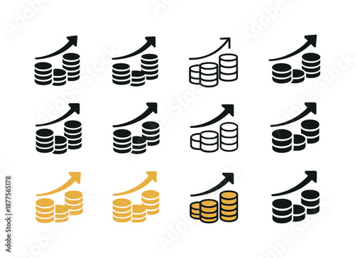 Economic Recovery Logos. Economic recovery. Icon set. Set Logo of economic recovery: growing coin stack. harmonious logo variations of the same emblematic