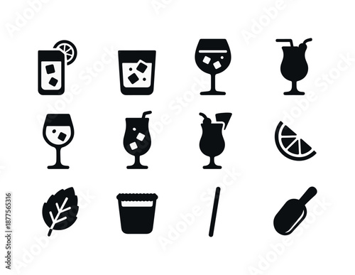 Mixed Drinks Icons. Mixed drinks. Solid icon set of mixed drinks: highball glass, lowball glass, gin and tonic, rum punch, spritz glass, blue lagoon, pina