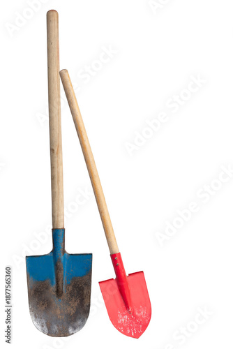 Isolated used shovels with blue and red metal parts and wooden handles, old blue and red shovel, agriculture tools on white background, copy space 