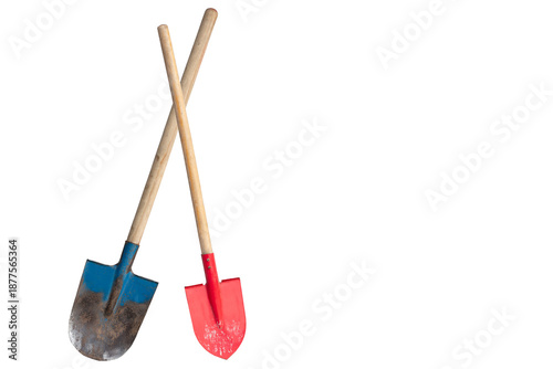 Isolated used shovels with blue and red metal parts and wooden handles, old blue and red shovel, agriculture tools on white background, copy space 