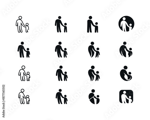 Parent-Child Logo Set. Parent-child connection. Icon set. Set Logo of parent-child connection: parent holding child?s hand. harmonious logo variations of the