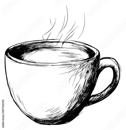 Hand drawn line art illustration of a coffee cup depicting steam for a cafe menu