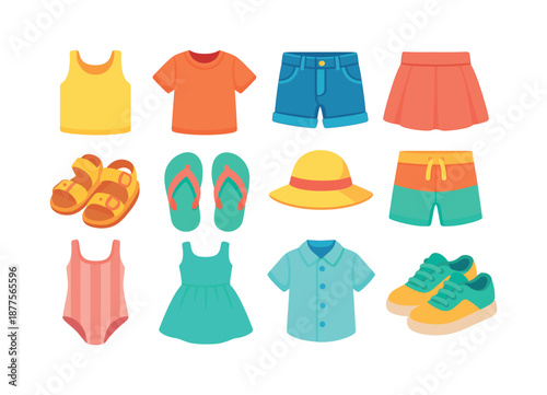 Vibrant Kids Summer Wardrobe. Kids summer clothing. Colorful flat vector icons set of Kids summer clothing: tank top, cotton t-shirt, denim shorts, skirt,