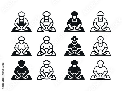 Baker Logo Icons. A baker kneading dough by hand on a flour-covered surface. Icon set. Set Logo of a baker kneading dough by hand on a flour-covered surface: