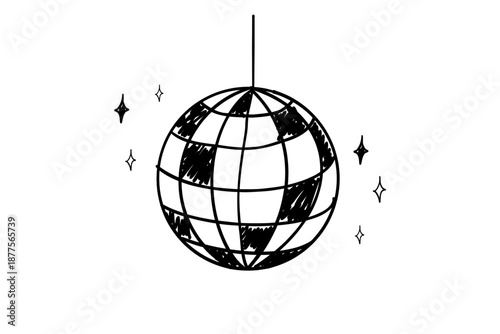 Disco ball y2k party tattoo sketch. Disco ball with hat, vinyl, cherry disco. Doodle shiny nightlife music illustration. Groovy 2000 party