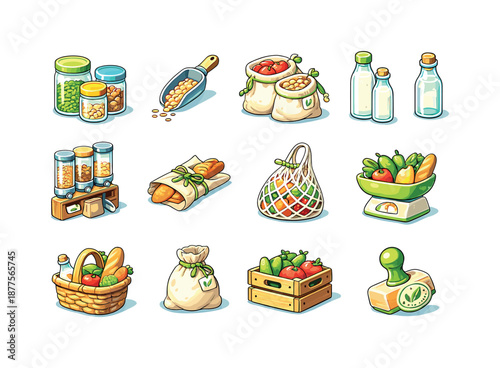Plastic-Free Shopping Icons. Plastic-Free Shopping Tools. Colorful isometric vector icons set of Plastic-Free Shopping Tools: bulk jars, scoop tool, cloth