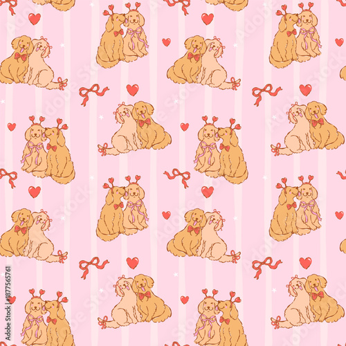 Whimsical valentine seamless pattern golden retriever dog couple lover hand drawn romantic repeat isolated on stripes background