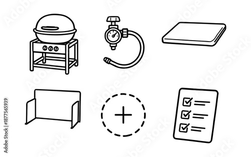 Outline icons of barbecue grill accessories and checklist items in black and white