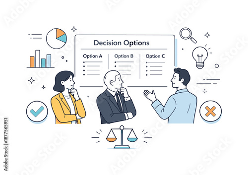 Corporate Decision Review. Corporate decision making process. Executives reviewing key options on a clean digital board. Calm evaluation and responsibility,