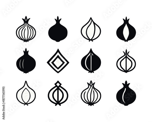 Onion Logo Variations. Onion. Icon set. Set Logo of onion: onion peel layers. harmonious logo variations of the same emblematic concept, each with different