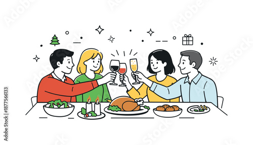 Festive Toast Moment. Holiday celebration around table toast. People raising glasses gently for a toast, peaceful gratitude and shared moment. Minimalist flat