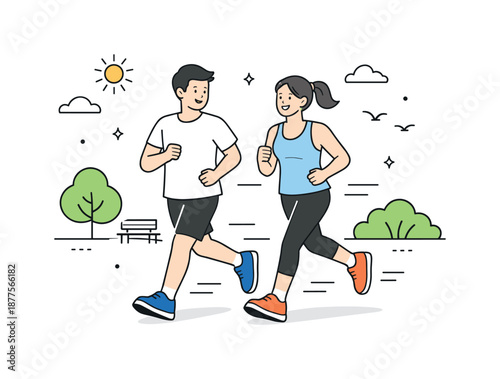 Park Jogging Companions. Jogging in the park together. Two people jogging side by side, relaxed pace and friendly interaction. Motivation, companionship, and