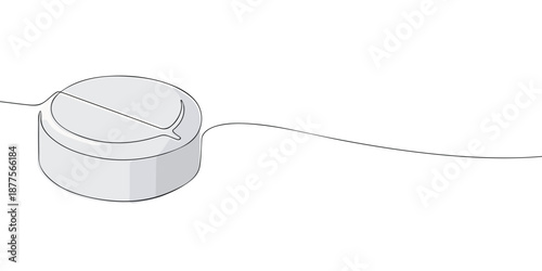 Minimal line art illustration of a single round pill or tablet, representing medication, healthcare, and pharmaceutical treatment.