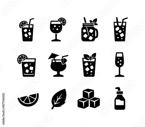 Mocktail Icons Set. Mocktails. Solid icon set of mocktails: fruit cooler, sparkling spritz, iced herbal drink, berry infusion, citrus soda, tropical blend,