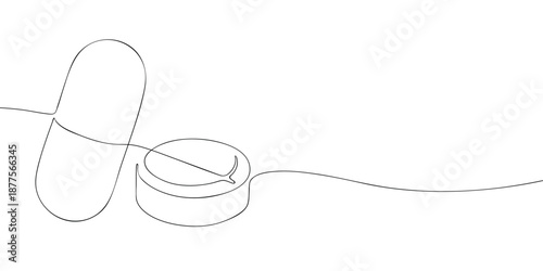 Minimal line art illustration of medication showing a capsule and a round pill, symbolizing pharmaceuticals, treatment, and healthcare essentials.