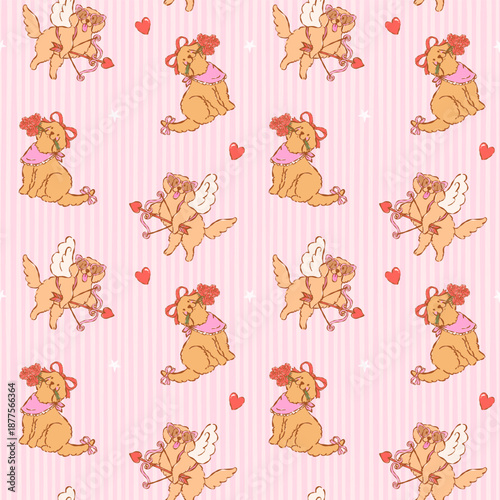 Whimsical valentine seamless pattern golden retriever dog Cupid hand drawn romantic repeat isolated on stripes background