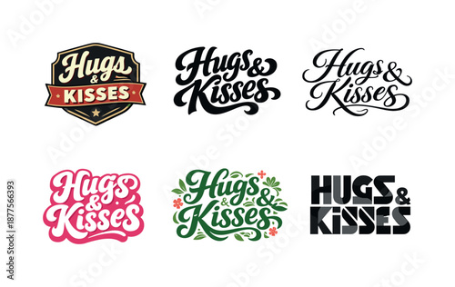 Creative Lettering Grid. Hugs & Kisses. Set lettering. harmonious lettering variations of the same emblematic concept, each with different artistic