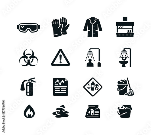 Lab Safety Icons. Lab safety. Solid icon set of Lab safety: safety goggles, gloves, lab coat, fume hood, hazard symbol, caution triangle, emergency shower,