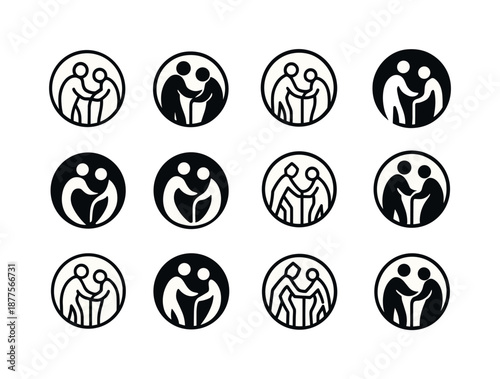 Elderly Care Icons. Elderly care and support. Icon set. Set Logo of elderly care and support: protective circle. harmonious logo variations of the same