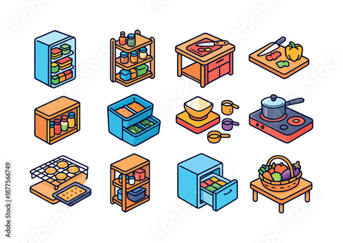 Colorful Meal Prep Icons. Meal prep stations. Colorful isometric vector icons set of meal prep stations: organized fridge shelf, pantry rack, prep counter,
