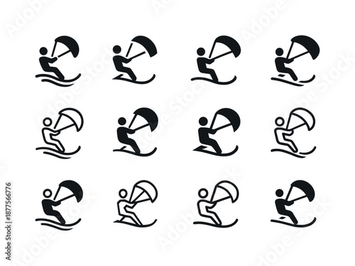 Snowkiting Emblem Variations. Snowkiting on frozen lakes. Icon set. Set Logo of snowkiting on frozen lakes: ski track line. harmonious logo variations of the