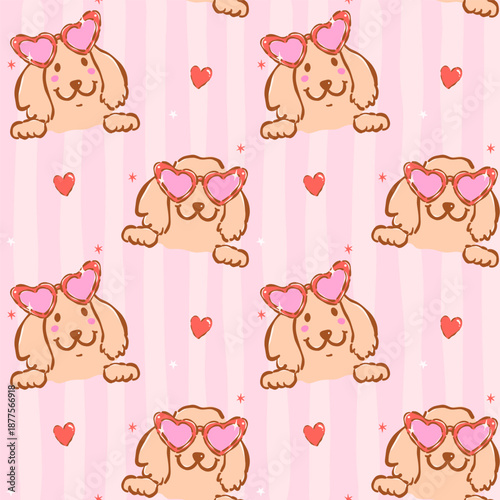 Whimsical valentine seamless pattern golden retriever dog with heart glasses hand drawn romantic repeat isolated on stripes background