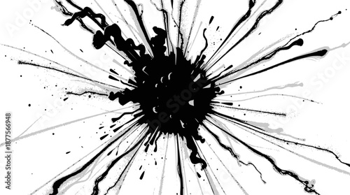 Dynamic black ink splash exploding outwards on a pristine white background, creating an abstract and energetic visual effect.
