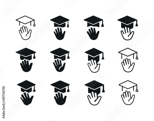 Graduation Goodbye Icons. Waving goodbye on the last day of school. Icon set. Set Logo of waving goodbye on the last day of school: waving hand and graduation