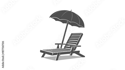 A grayscale illustration of a beach umbrella shading a lounge chair, casting a shadow