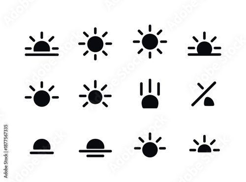 Sun Positions Icons. Sun positions. Solid icon set of Sun positions: rising sun, mid-morning sun, noon sun, descending sun, sunset sun, horizon line, angled