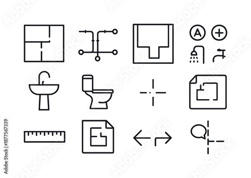 Plumbing Layout Diagram. In-wall pipe routing diagram. Line icon set of plumbing layout: building floor plan, pipe layout overlay, room outline, water supply