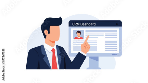 Business professional interacting with a crm dashboard on a computer screen to manage customer relationships and sales data effectively in a modern digital workspace environment setting.