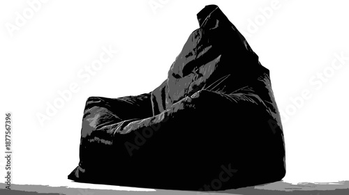 A black beanbag chair sits against a white background with subtle shading. The chair is monochrome