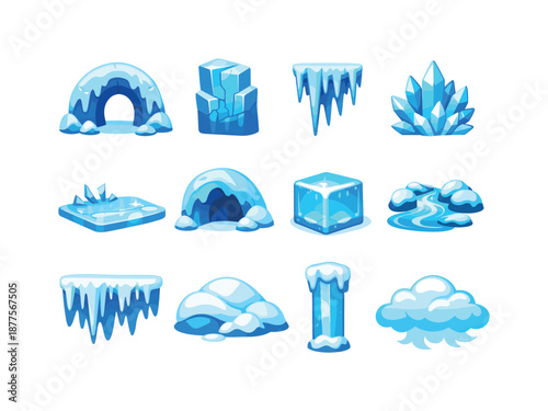 Colorful Ice Caves Icons. Ice caves. Colorful flat vector icons set of ice caves: icy archway, blue ice wall, frozen stalactite, frost crystals, slippery ice