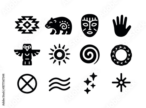 Indigenous Symbols Icons. Indigenous symbols. Solid icon set of Indigenous symbols: tribal pattern, spirit animal, cultural mask, handprint icon, totem figure,