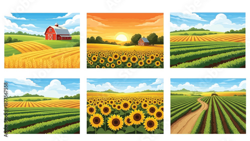 Vibrant agricultural landscape featuring red barns, sunflowers, and lush crop fields in various stages of growth under bright sunny skies