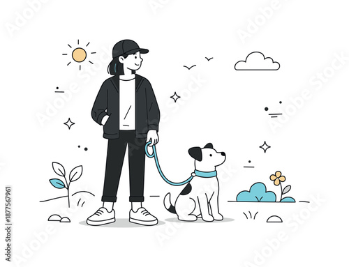 Curious Canine Stroll. Walking the dog pause. Person stopping while the dog looks around curiously. Slow moment and gentle connection with nature. Minimalist