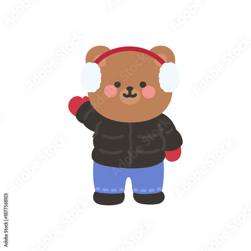 A cute bear waving while bundled in earmuffs gloves jacket and snow pants