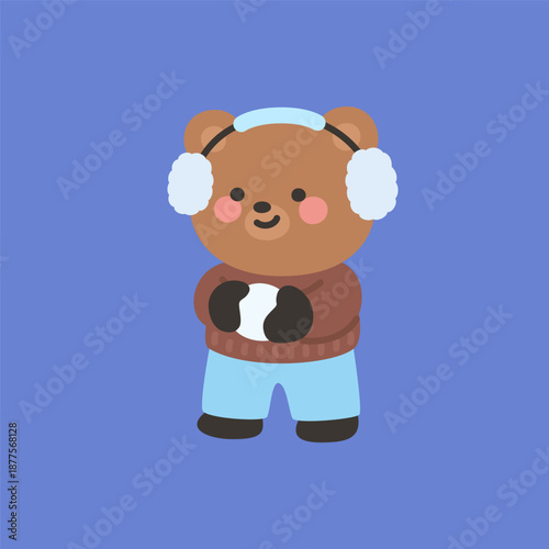 A cute bear making a snowball