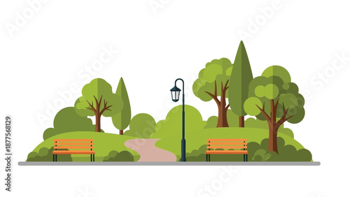 Serene park scene with lush green trees, wooden benches, and a winding path under a lamppost, creating a peaceful atmosphere for relaxation and leisure activities.