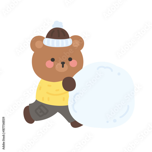 A cute bear running with a giant snowball