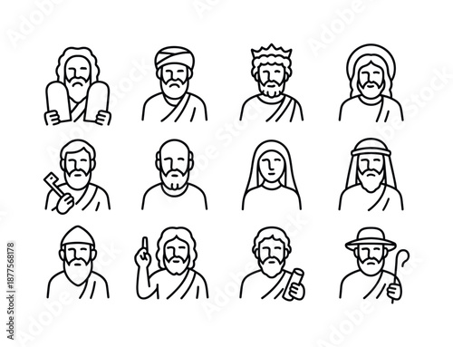 Biblical Figures Icons. Biblical figures. Line icon set of Biblical figures: Moses, Abraham, David, Jesus, Peter, Paul, Mary, Joseph, Noah, John the Baptist,