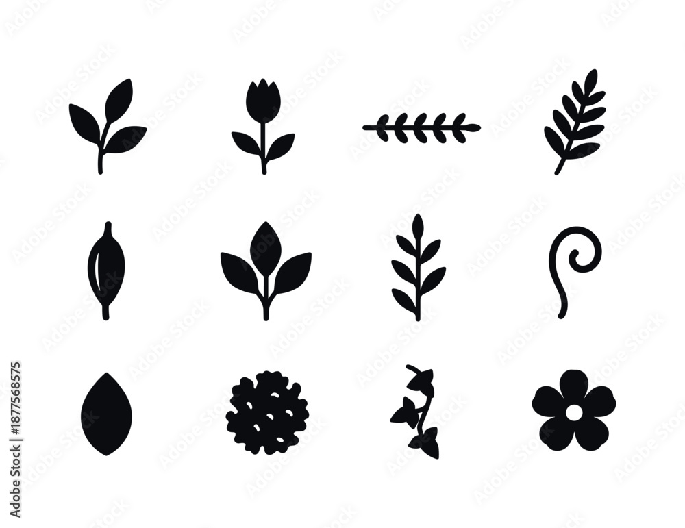 Fototapeta premium Botanical Icon Set. Botanical design elements. Solid icon set of botanical design elements: leaf sprig, flower bud, branch line, fern frond, seed pod, leaf