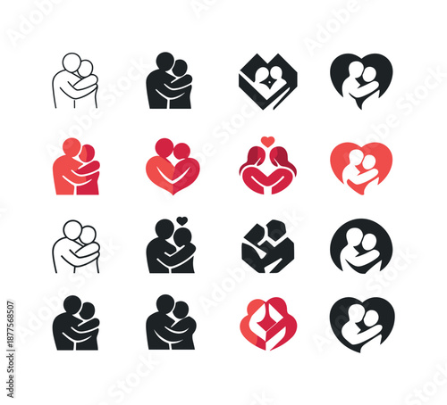 Romantic Emblem Icons. Positive reinforcement in romantic relationships. Icon set. Set Logo of Positive reinforcement in romantic relationships: couple